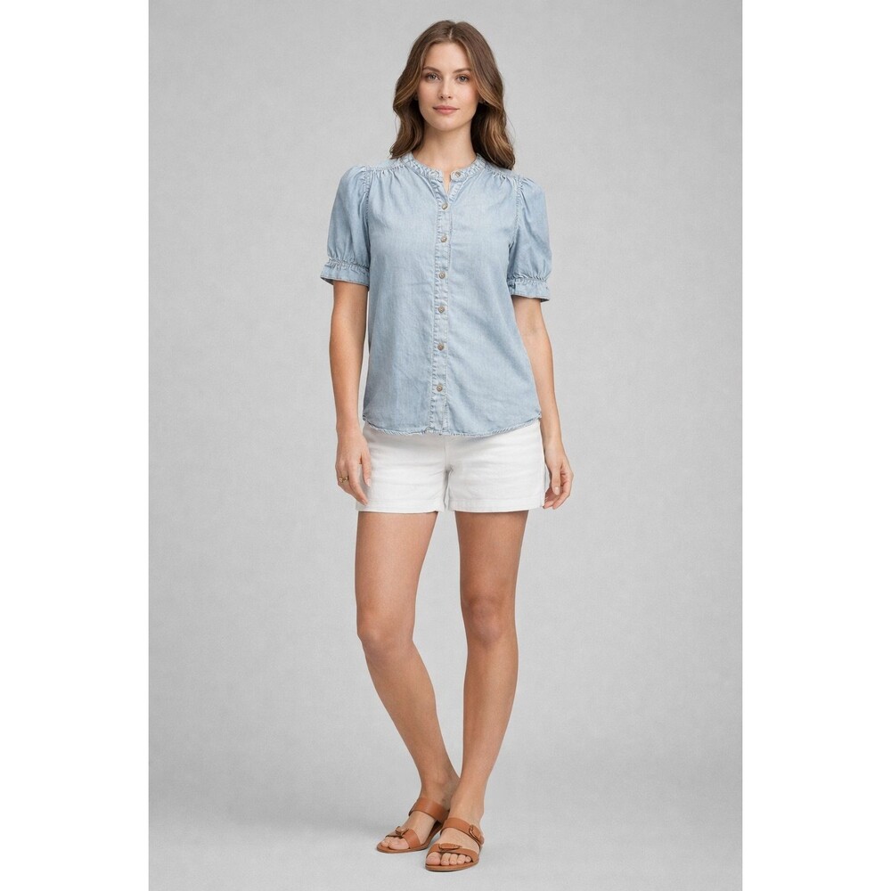 Zac & Rachel Chambray Puff Sleeve Button Front Blouse Womens Large Denim Look
